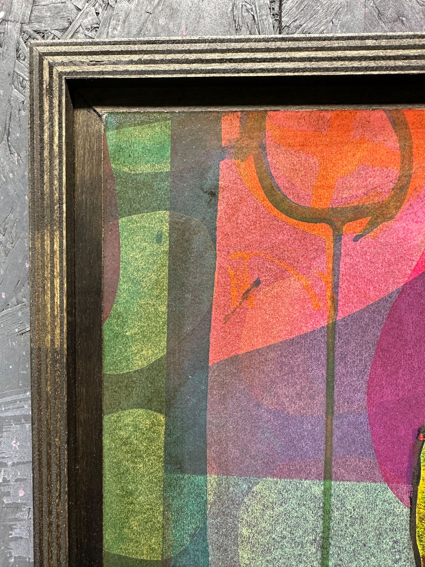 Multi-colour screenprint, yellow, orange, green & purple, geometric figure with overlapping layers, framed