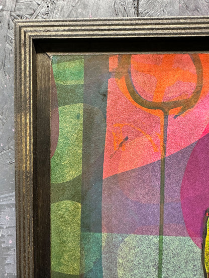 Multi-colour screenprint, yellow, orange, green & purple, geometric figure with overlapping layers, framed