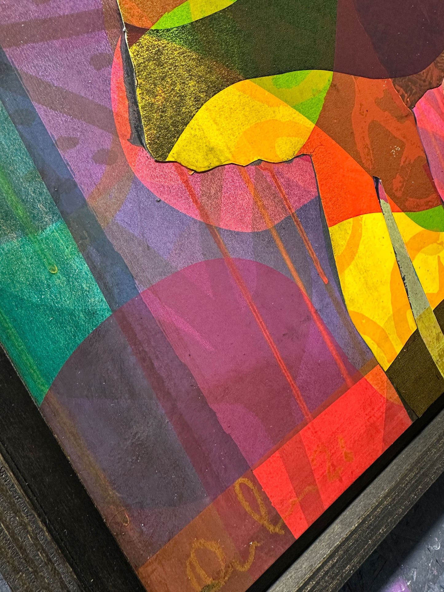 Multi-colour screenprint, yellow, orange, green & purple, geometric figure with overlapping layers, framed