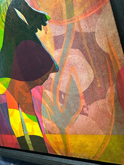 Multi-colour screenprint, yellow, orange, green & purple, geometric figure with overlapping layers, framed