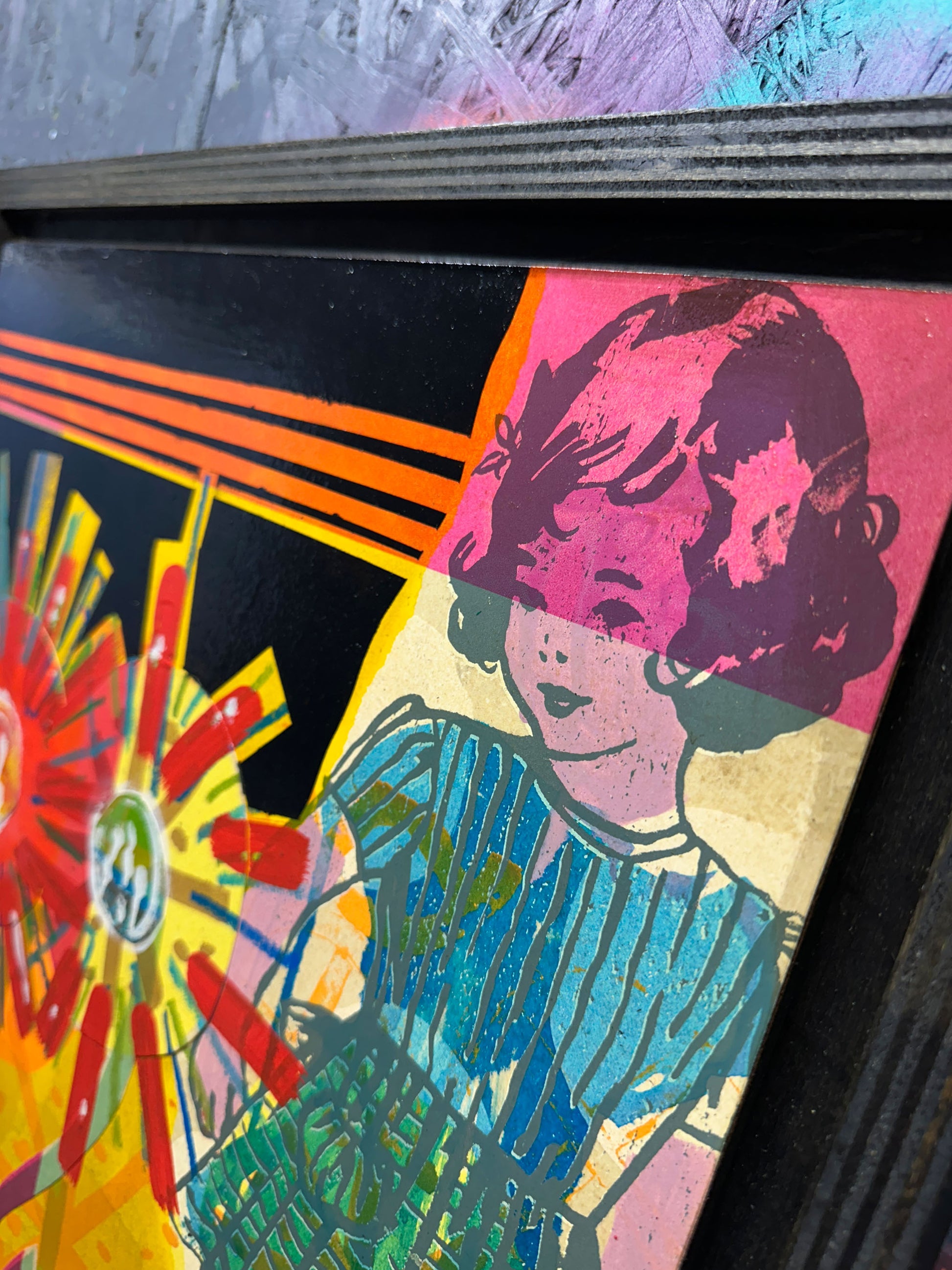 Multi-colour screenprint, orange yellow pink teal black, vintage girl and radiating flower collage