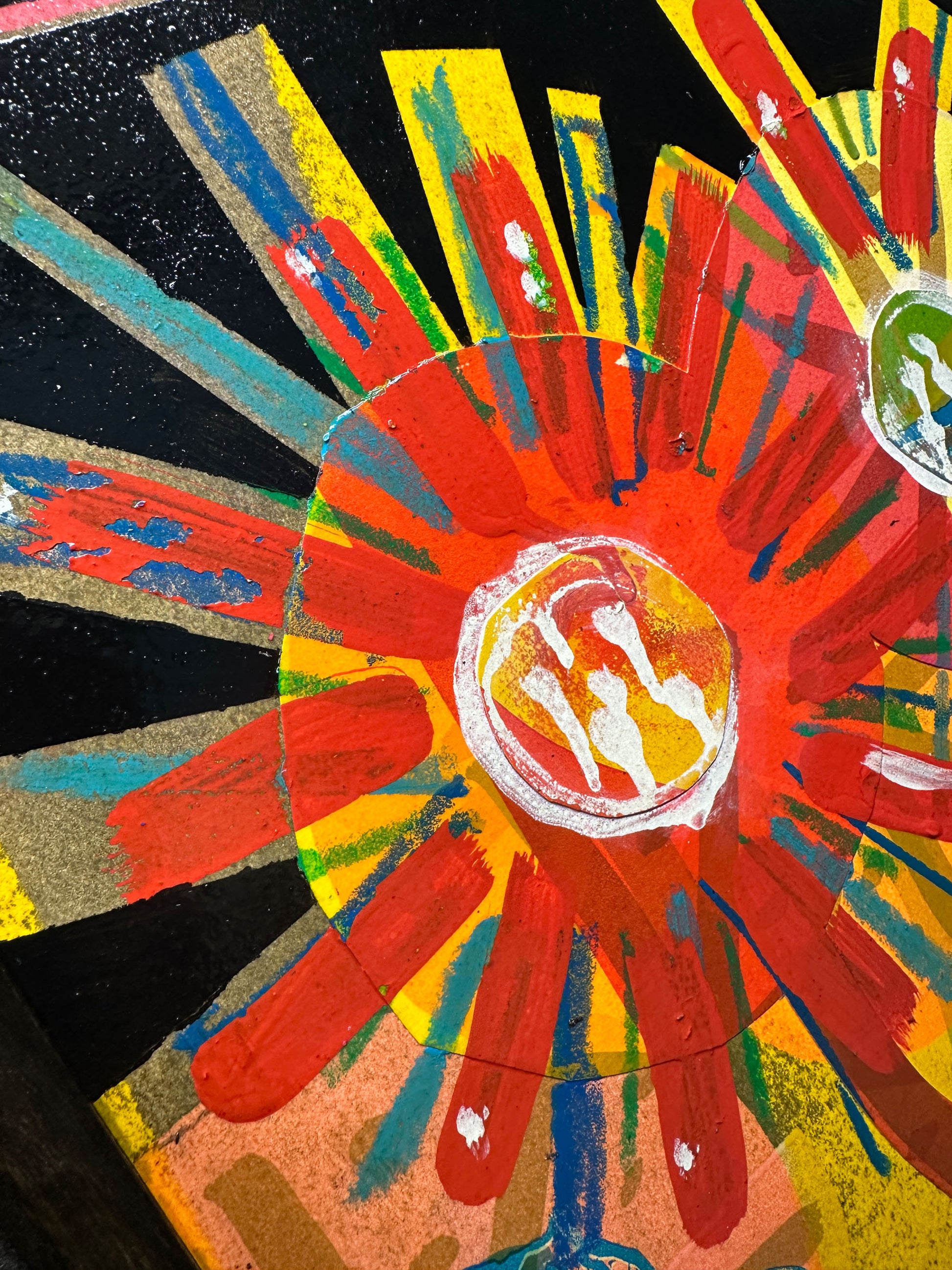 Multi-colour screenprint, orange yellow pink teal black, vintage girl and radiating flower collage
