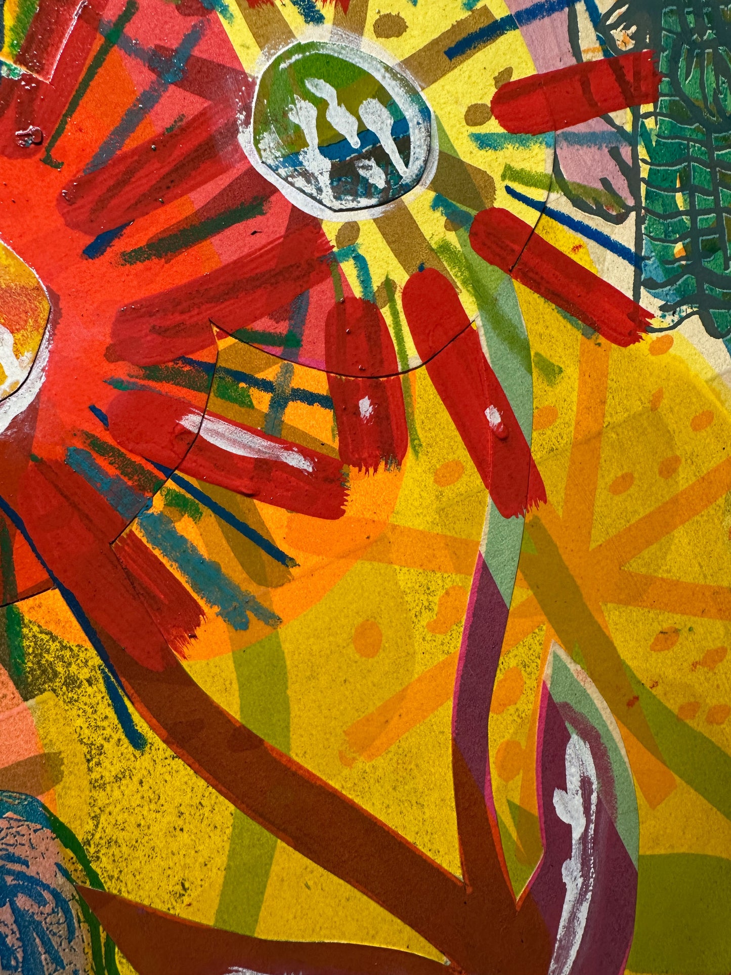 Multi-colour screenprint, orange yellow pink teal black, vintage girl and radiating flower collage