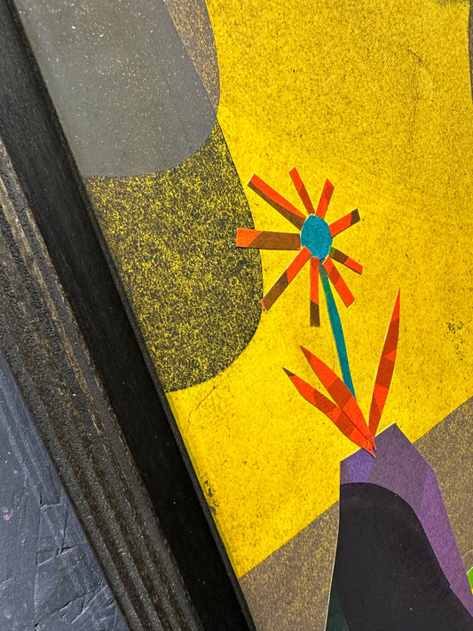 Multi-colour process screenprint, rainbow palette, vintage girl with striped dress and geometric flower, original