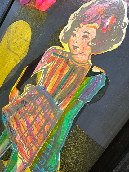 Multi-colour process screenprint, rainbow palette, vintage girl with striped dress and geometric flower, original