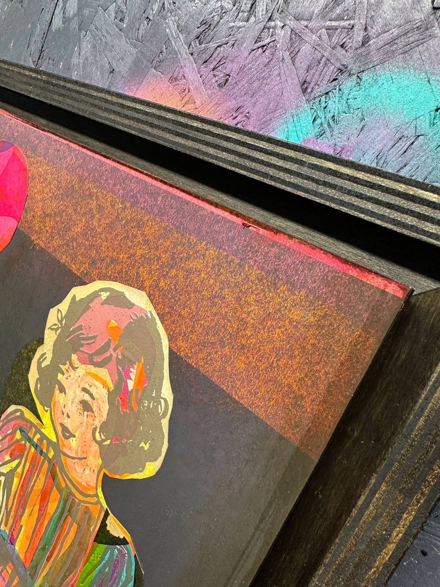 Multi-colour process screenprint, rainbow palette, vintage girl with striped dress and geometric flower, original