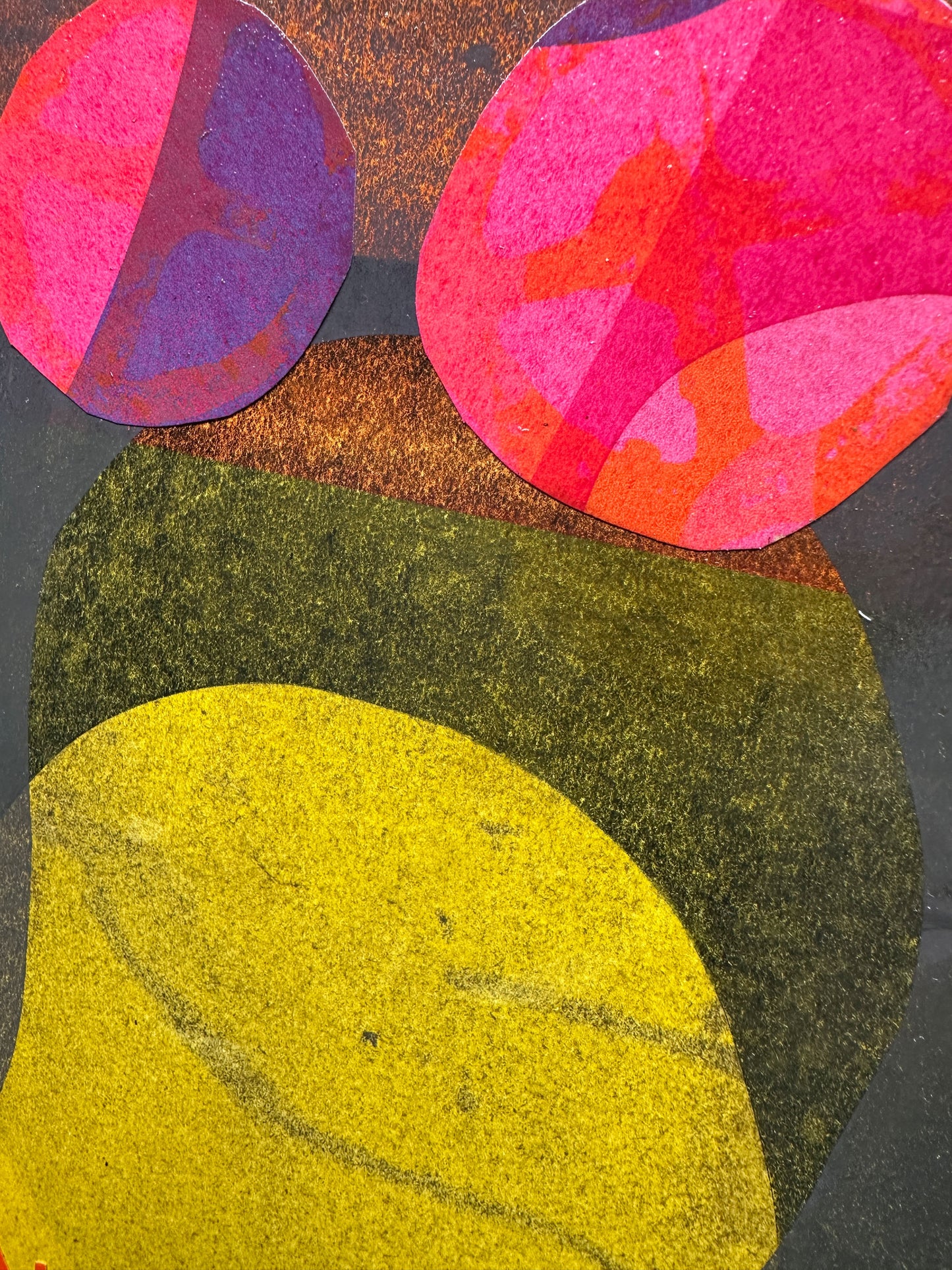 Multi-colour process screenprint, rainbow palette, vintage girl with striped dress and geometric flower, original
