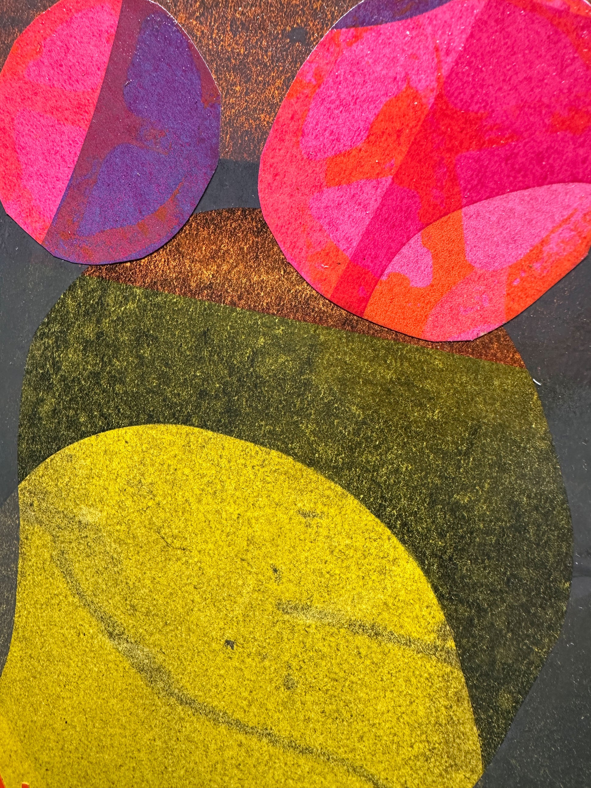Multi-colour process screenprint, rainbow palette, vintage girl with striped dress and geometric flower, original