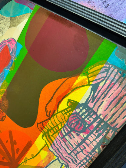 Multi-colour process screenprint, rainbow palette, vintage girl with striped dress and geometric flower, original