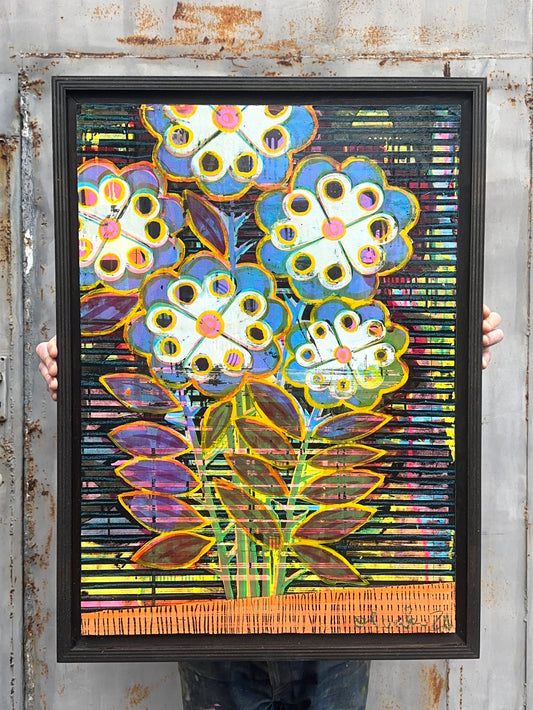 Let Down, hand-pulled screenprint by Oli Fowler. Bold blue blooms and vivid stripe work in a black frame.