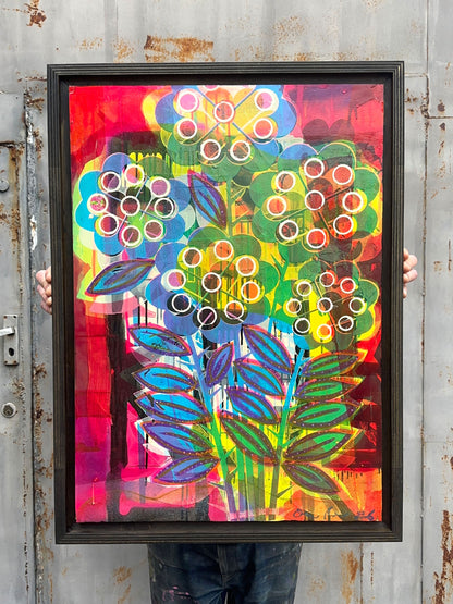 You Want Some? hand-pulled screenprint by Oli Fowler, bold neon floral artwork with layered colour