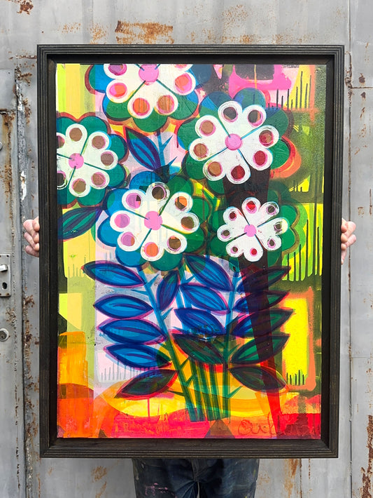 On A Plate For Two, hand-pulled screenprint by Oli Fowler, bold graphic flowers in vivid layered colour