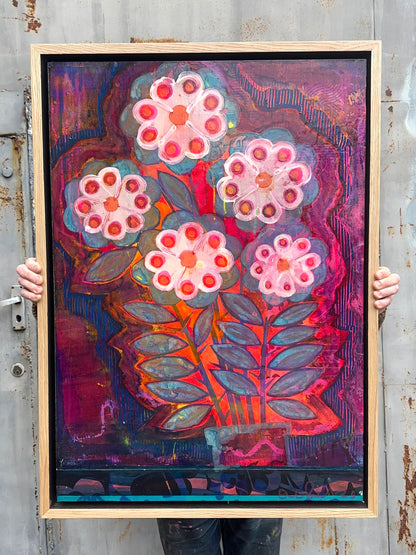 A Long Long Time Ago.. hand-pulled screenprint original artwork by Oli Fowler, bold retro florals in pink, orange and purple
