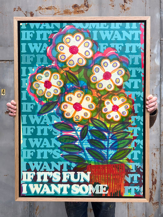 Ring A Roses original hand-pulled screenprint by Oli Fowler, bold daisy blooms and teal typography pattern