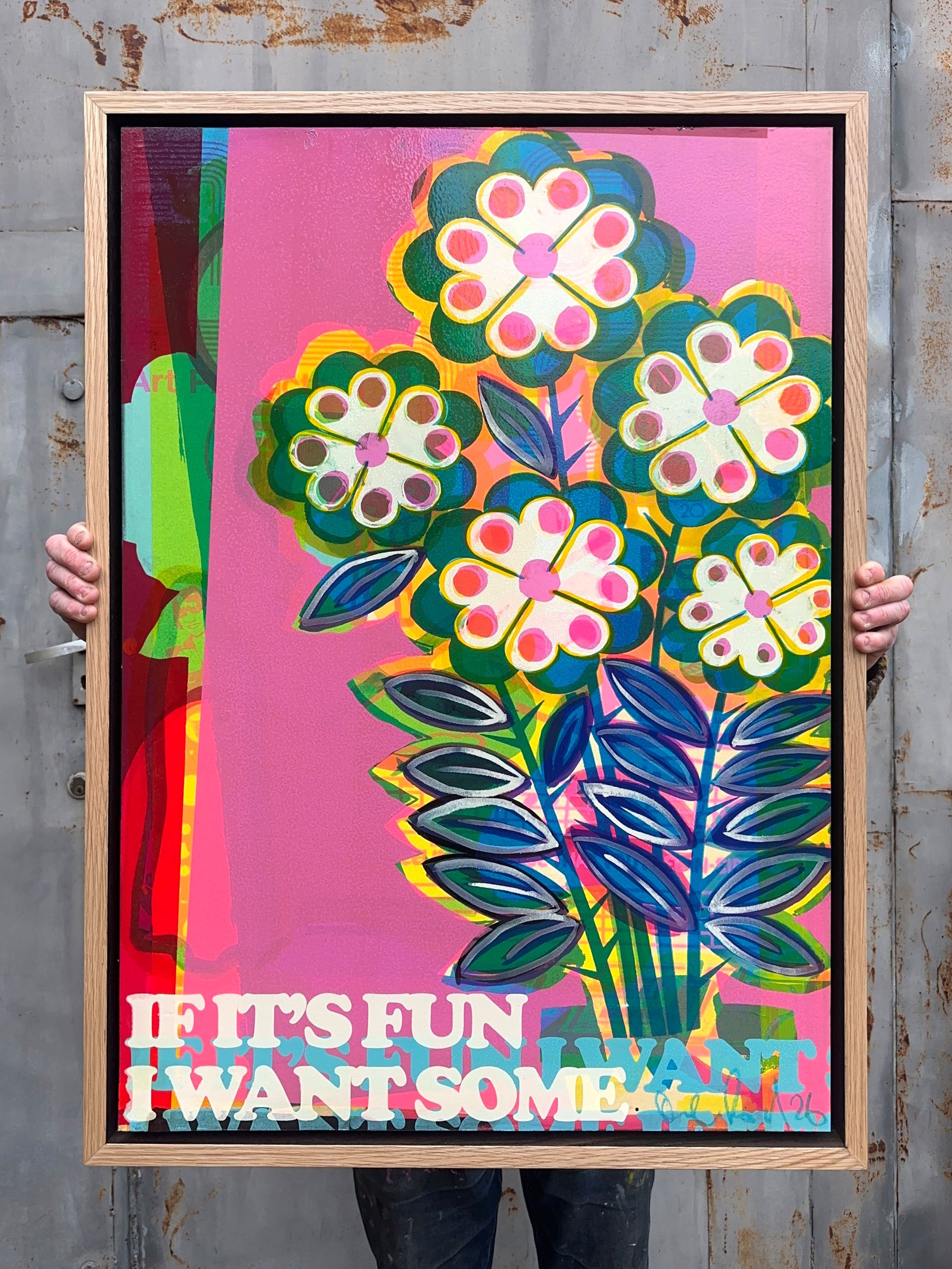 Etcha Sketcha hand-pulled screenprint by Oli Fowler, bold floral pop art with pink background and typographic slogan