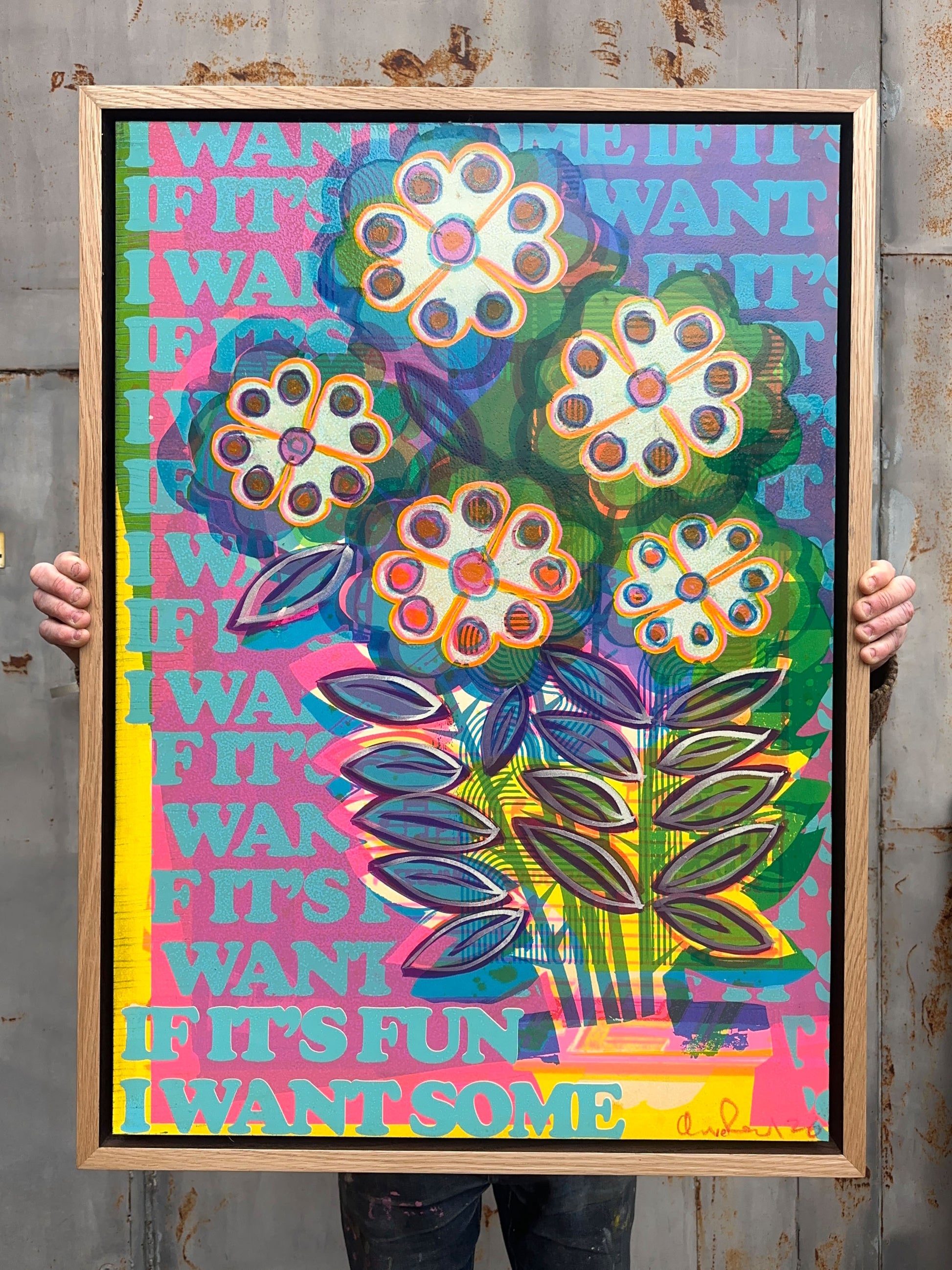 Where Is The Fun? hand-pulled screenprint by Oli Fowler, vivid floral pop art with bold typographic layers