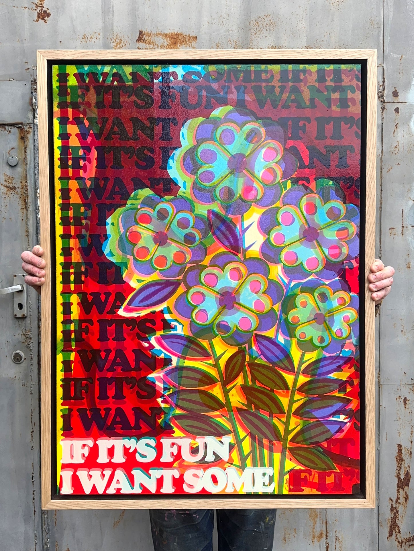 Writers Block hand-pulled screenprint by Oli Fowler — bold floral and text-based pop art in vivid colour