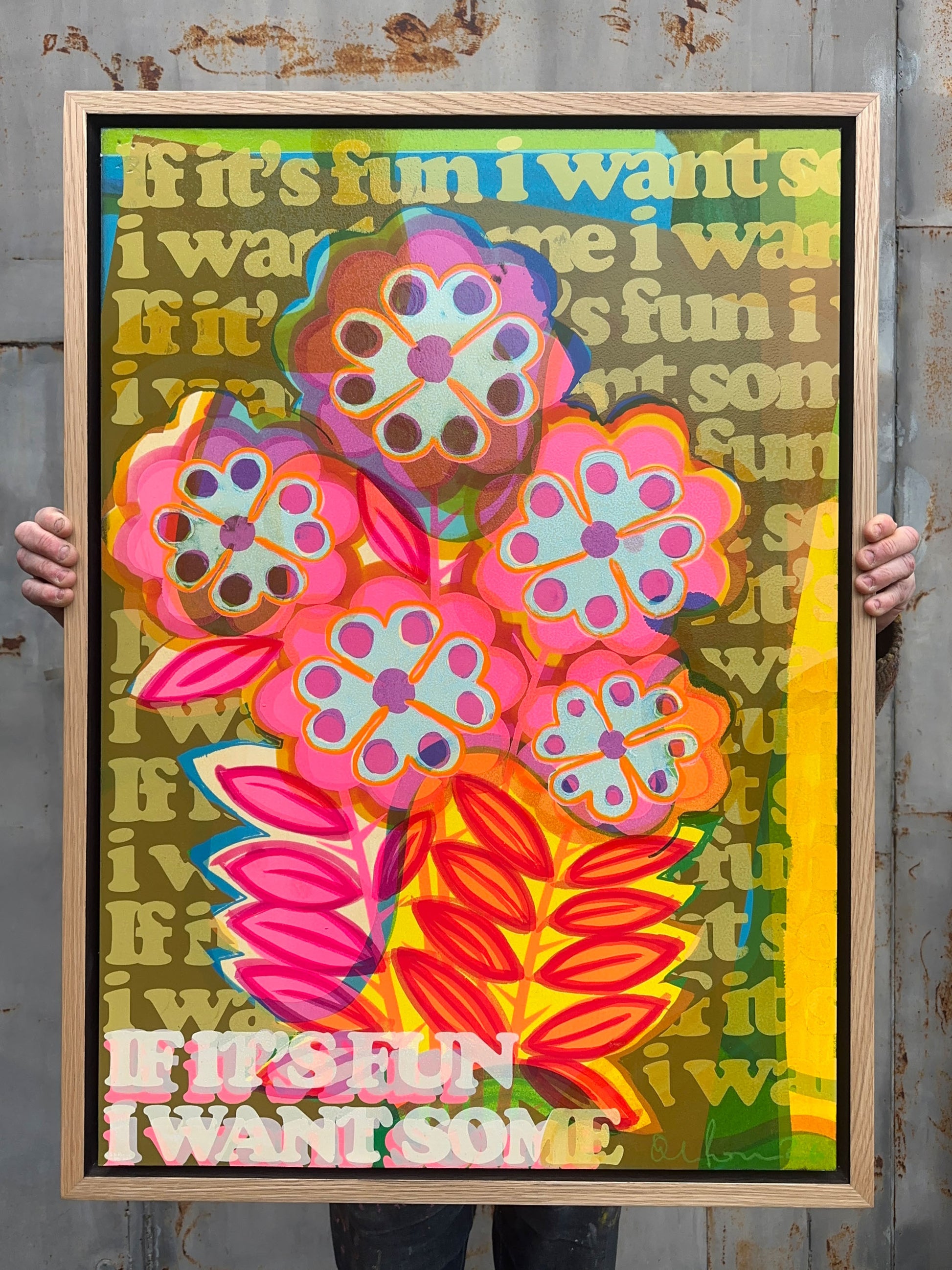 More Please, original hand-pulled screenprint by Oli Fowler, bold retro florals in neon pink, orange and yellow