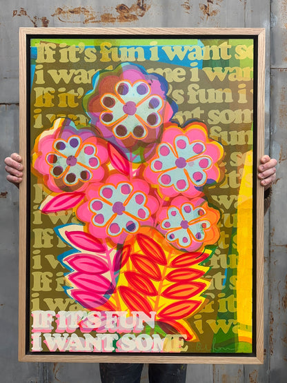 More Please, original hand-pulled screenprint by Oli Fowler, bold retro florals in neon pink, orange and yellow