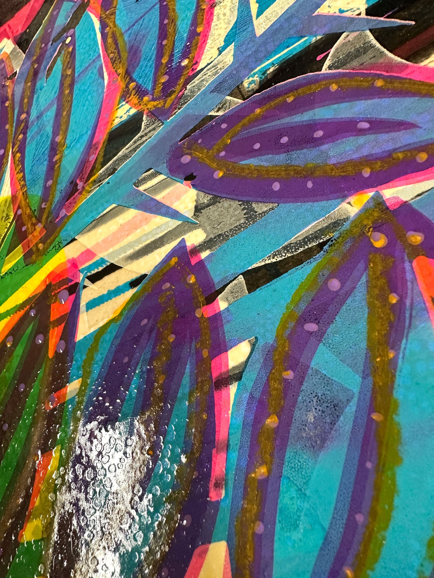You Want Some? — original mixed media artwork by Oli Fowler; bold floral bouquet in vivid neon pinks, greens and blues, framed