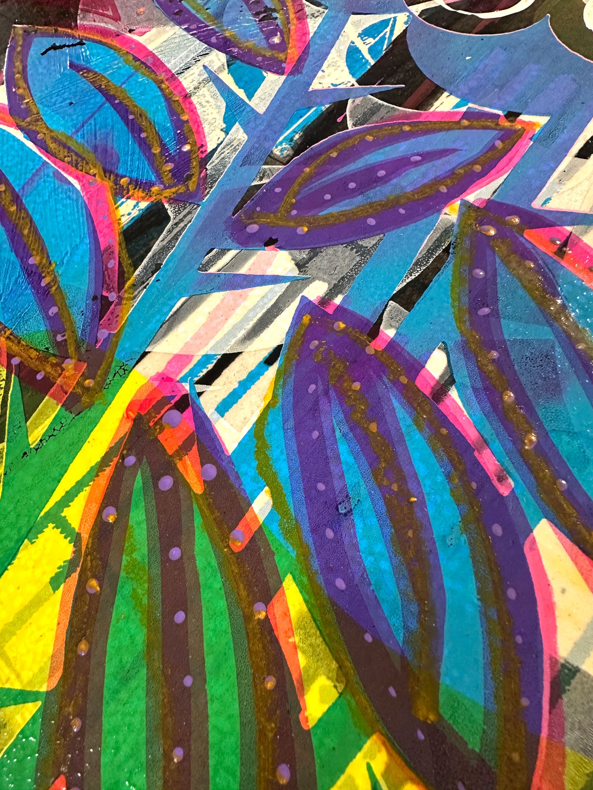 You Want Some? — original mixed media artwork by Oli Fowler; bold floral bouquet in vivid neon pinks, greens and blues, framed