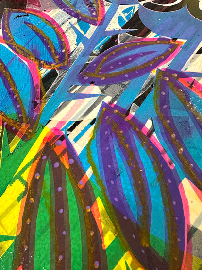 You Want Some? — original mixed media artwork by Oli Fowler; bold floral bouquet in vivid neon pinks, greens and blues, framed