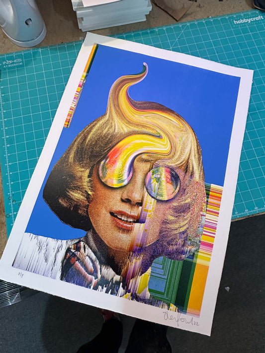 Bubble Eye (misprint) hand-pulled screenprint by Oli Fowler — psychedelic portrait with glitch distortion and rainbow tones
