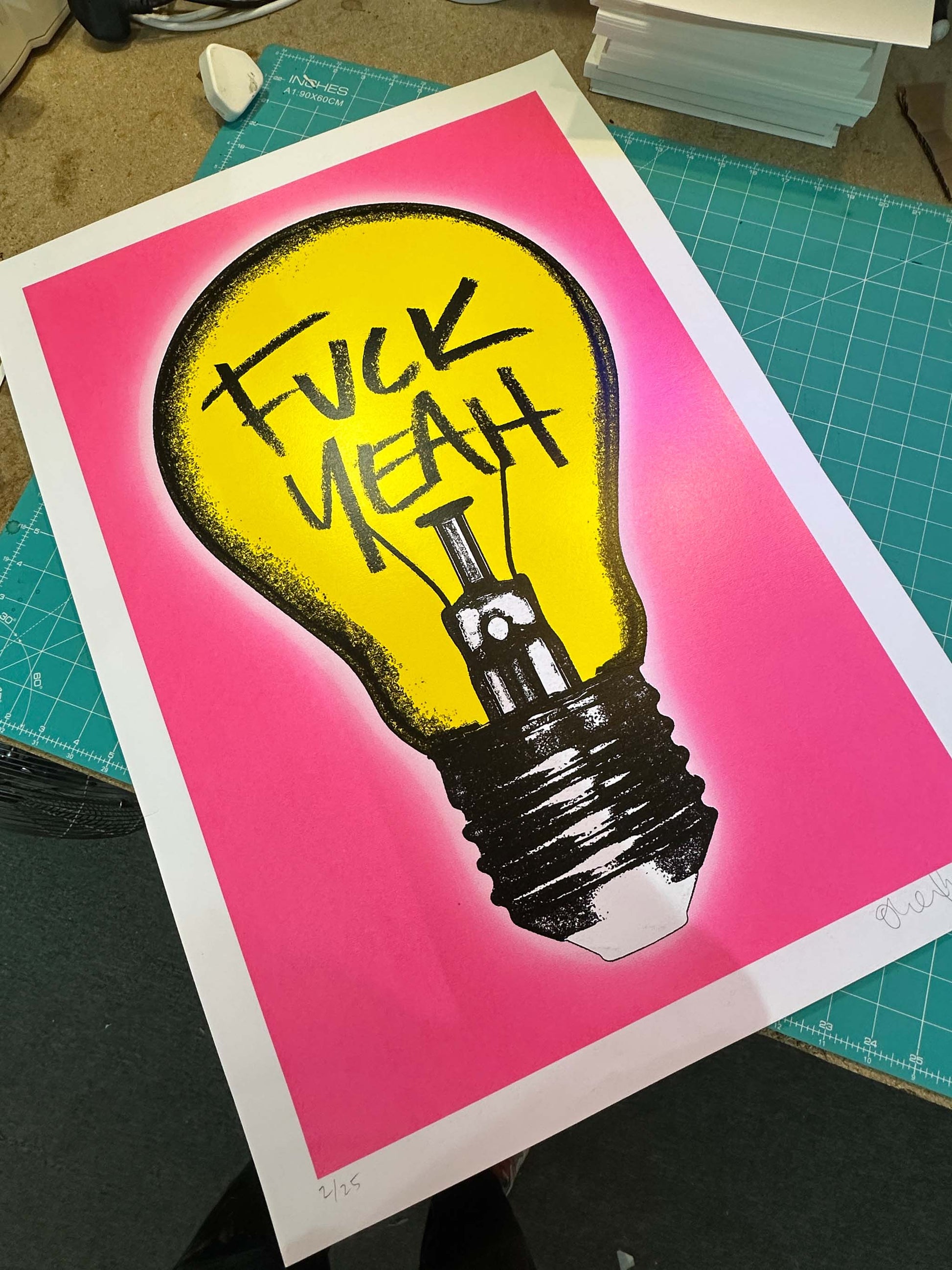 FUCK YEAH PINK hand-pulled screenprint by Oli Fowler, bold lightbulb design in hot pink and yellow