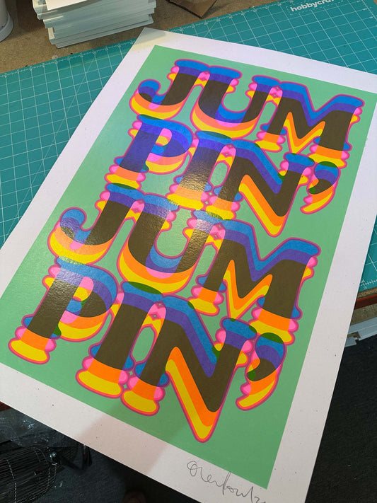 Jumpin misprint hand-pulled screenprint by Oli Fowler — bold retro typography in vivid layered colour on mint green