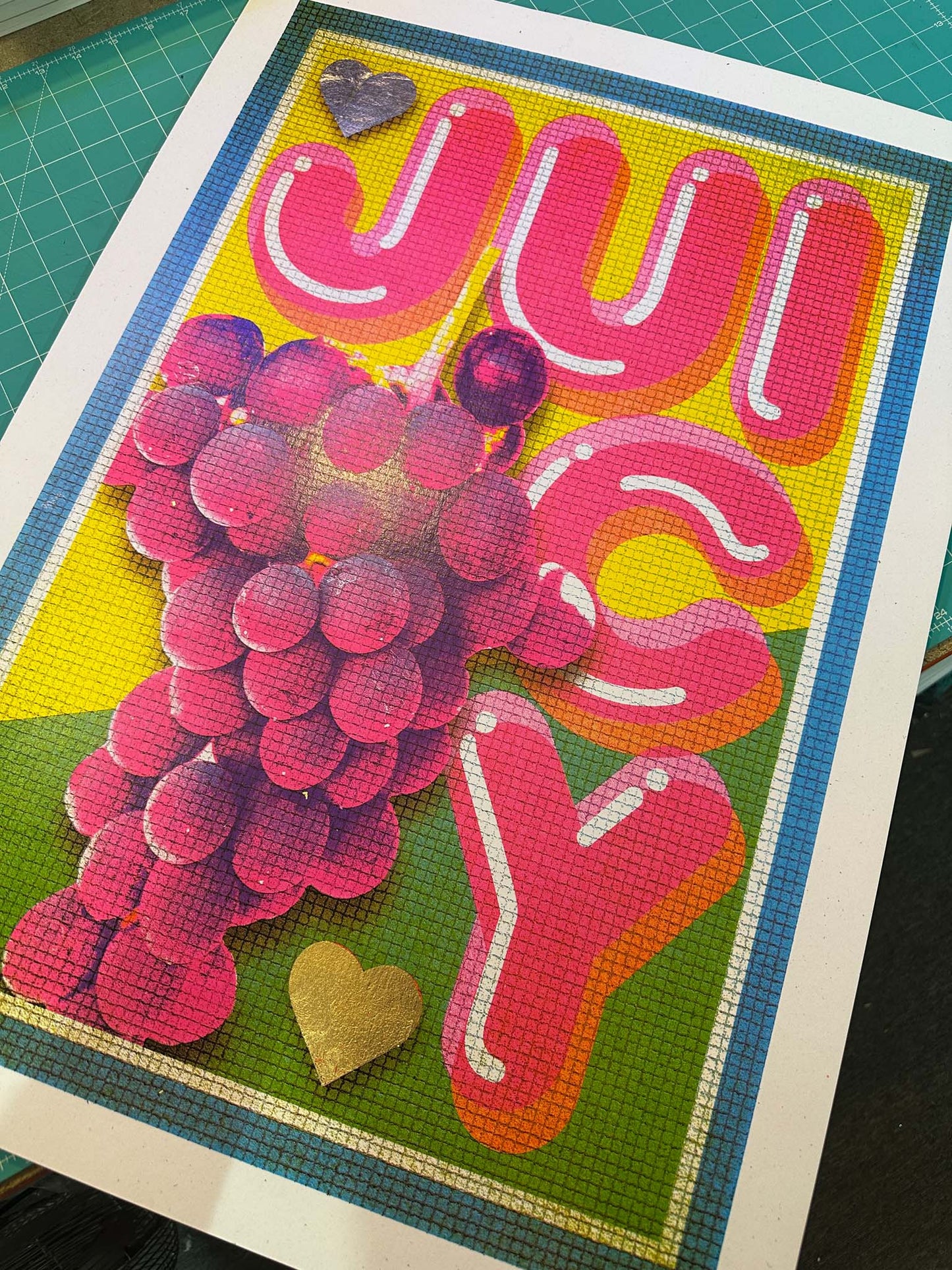 Juicy, a hand-pulled screenprint by Oli Fowler featuring bold grape typography and damaged gold leaf hearts