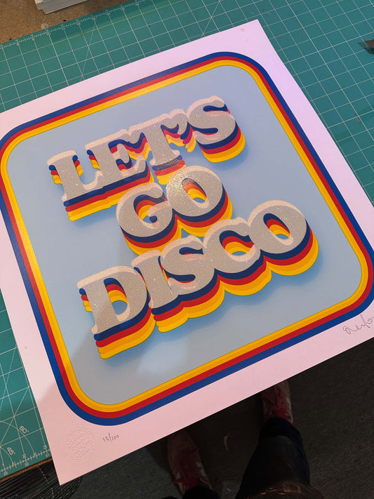 Let's Go Disco Diamond Dust AP hand-pulled screenprint by Oli Fowler