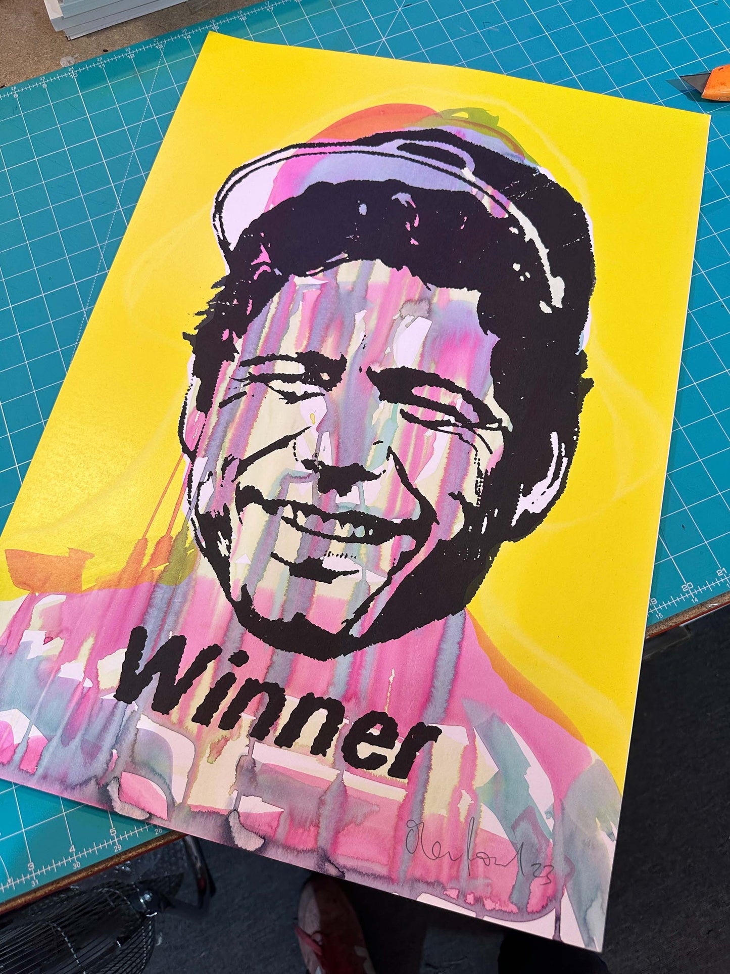 Winning (misprint) — hand-pulled screenprint by Oli Fowler, pop art portrait on yellow with bold Winner text