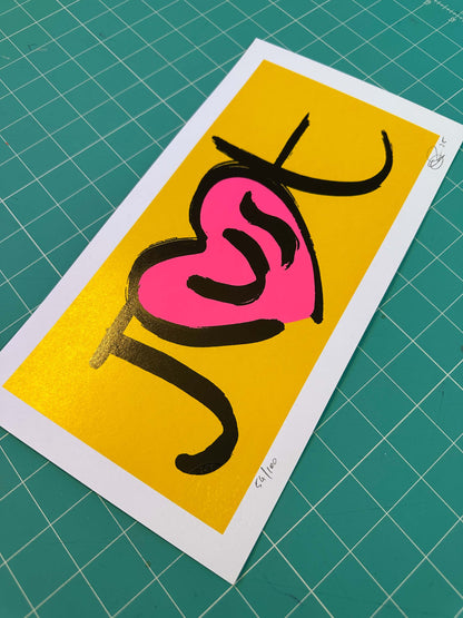 JUST fluro misprint hand-pulled screenprint by Oli Fowler, neon pink heart on gold background