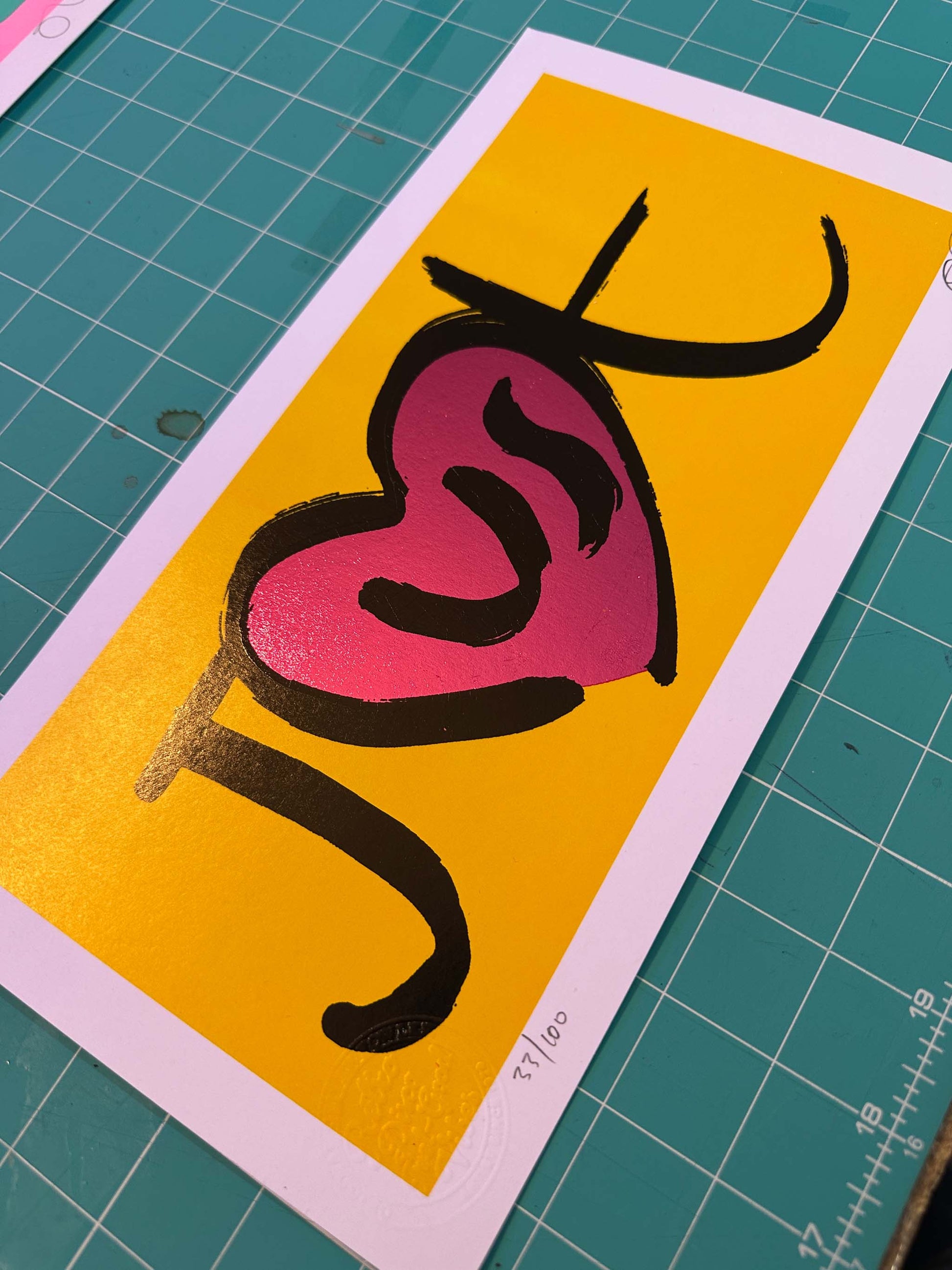 JUST metallic pink hot foil misprint, hand-pulled screenprint by Oli Fowler on yellow