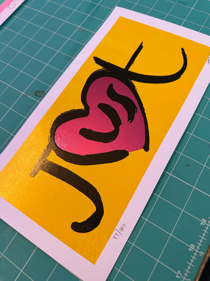 JUST metallic pink hot foil misprint, hand-pulled screenprint by Oli Fowler on yellow