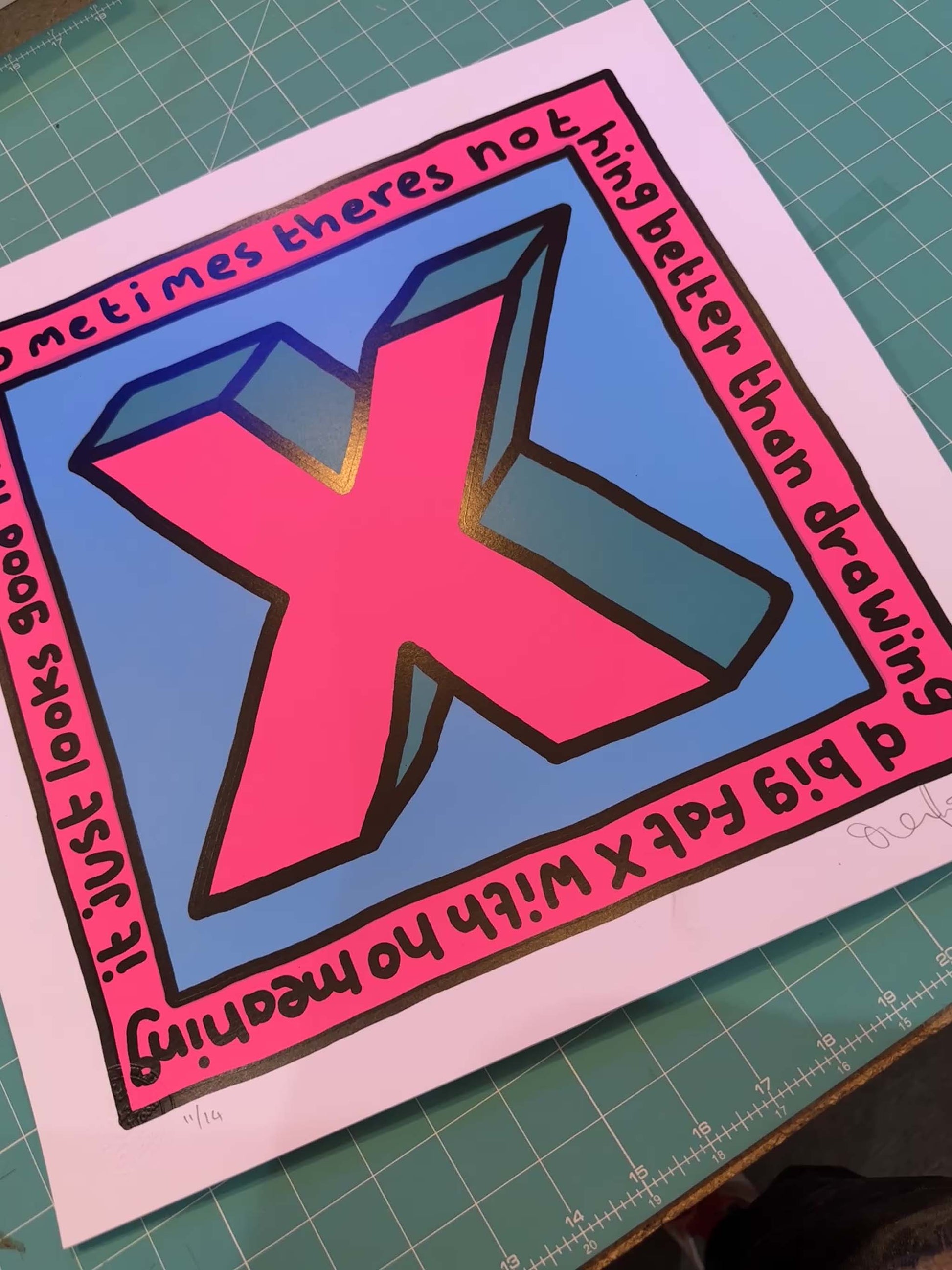 Fat X misprint, hand-pulled screenprint by Oli Fowler, bold 3D X in neon pink and blue with border text