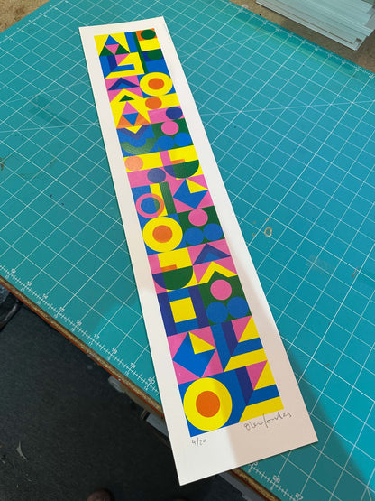 Always The Opposite misprint, hand-pulled screenprint by Oli Fowler, bold geometric letterforms in neon colour