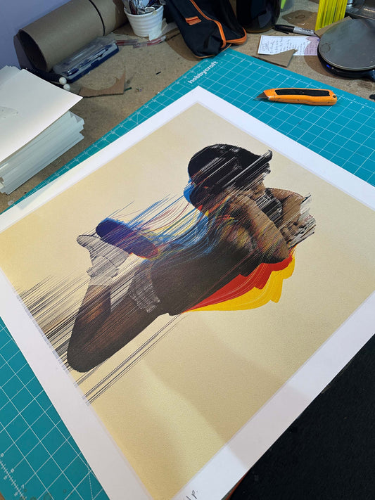 Lost in Space AP hand-pulled screenprint by Oli Fowler, abstract figure on gold ground with bold multicolour brushstrokes