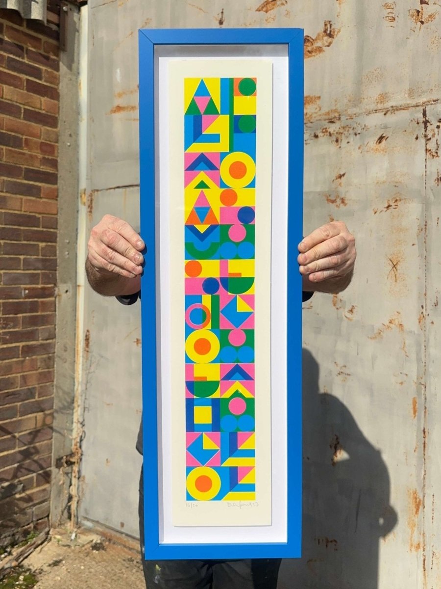 Always The Opposite hand-pulled screenprint by Oli Fowler — geometric letterforms in bold primary colours