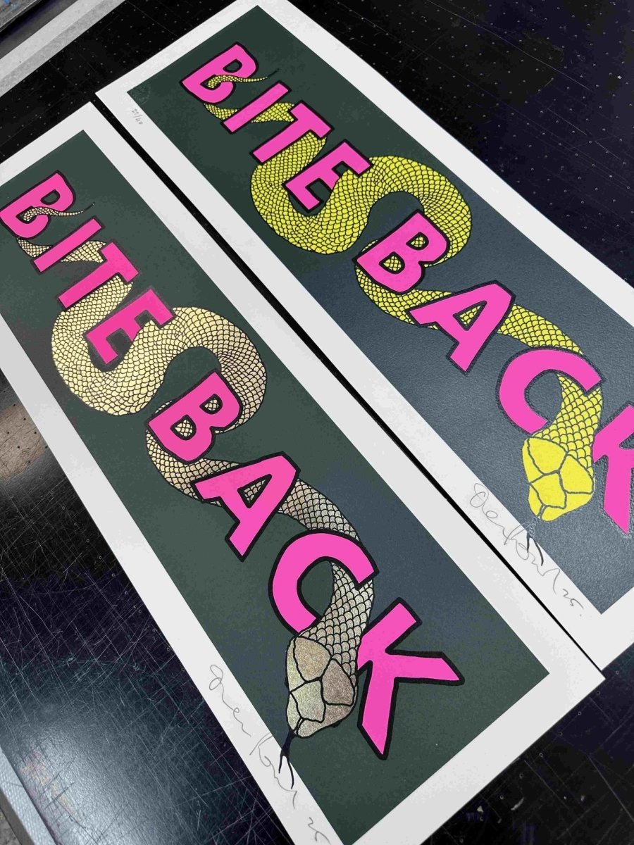 Bite Back (Yellow edition) - Hand pulled Screenprint Original screenprint OLI FOWLER ART tag1  gold leaf