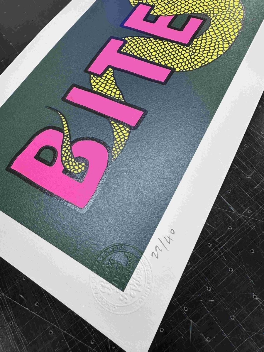 Bite Back (Yellow edition) - Hand pulled Screenprint Original screenprint OLI FOWLER ART tag1  gold leaf