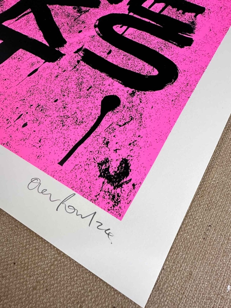 2-colour hand-pulled screenprint, hot pink and black, bold dripping 'BREXIT WRECKSIT' typography