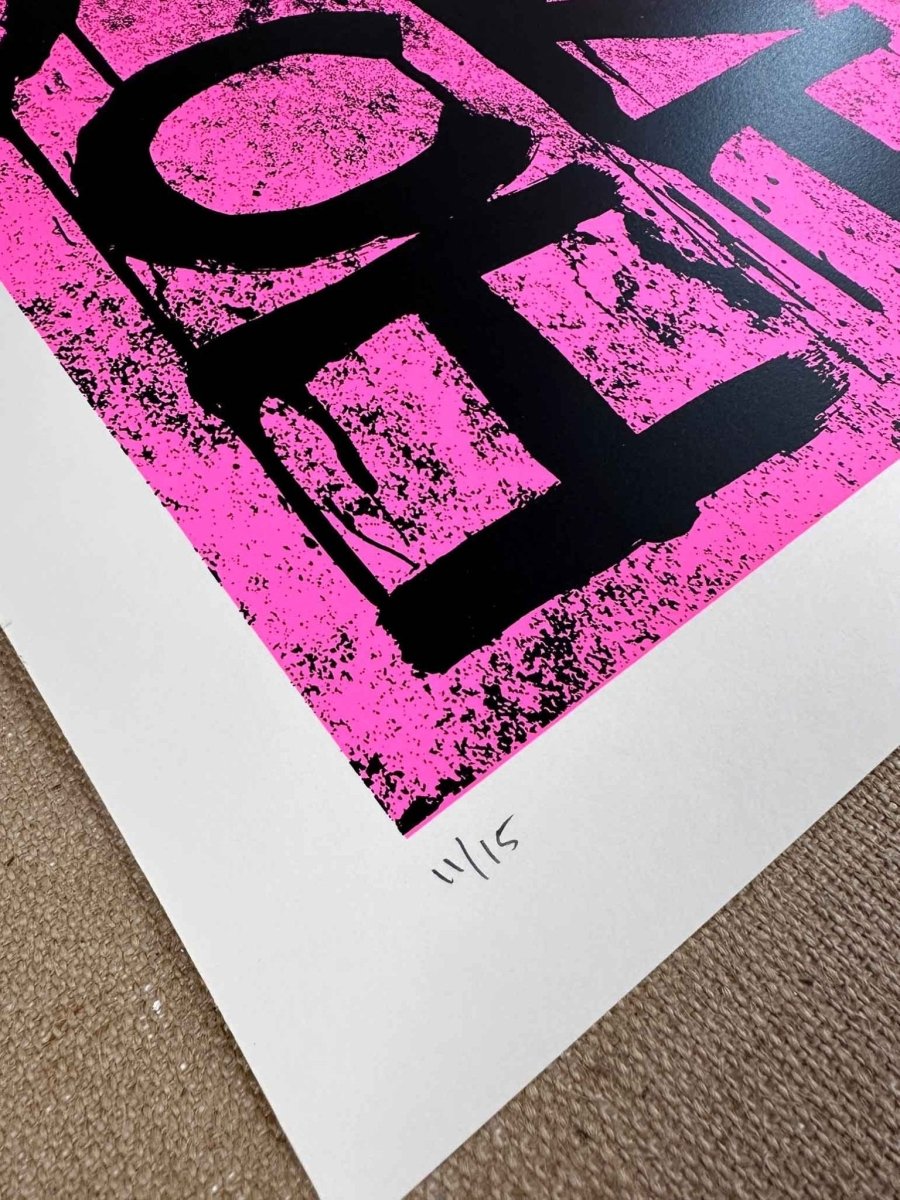 2-colour hand-pulled screenprint, hot pink and black, bold dripping 'BREXIT WRECKSIT' typography