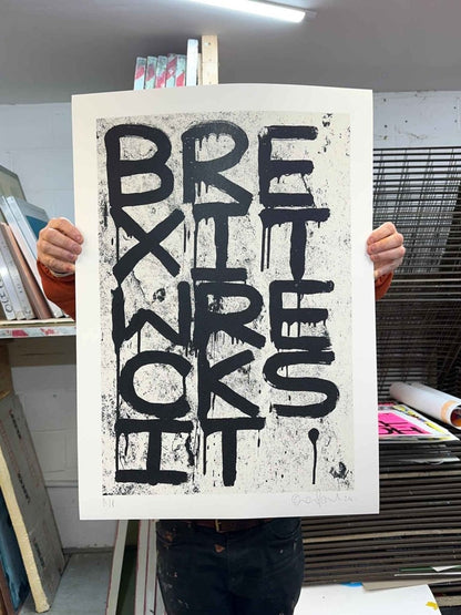 2-colour hand-pulled screenprint, hot pink and black, bold dripping 'BREXIT WRECKSIT' typography