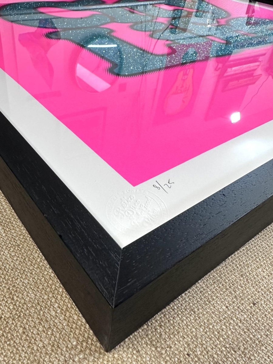 2-colour screenprint, neon pink and turquoise glitter, bold 'City Life' typography in black frame