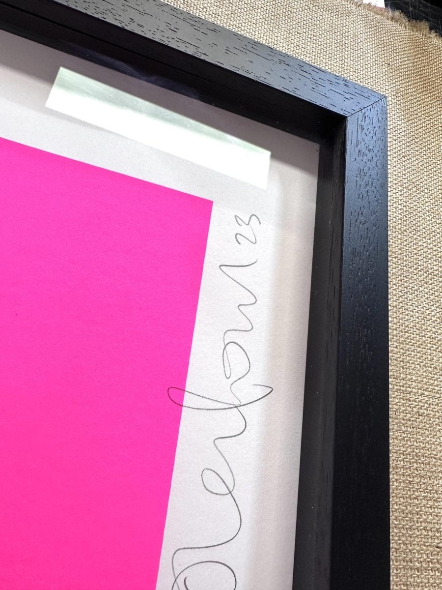 2-colour screenprint, neon pink and turquoise glitter, bold 'City Life' typography in black frame