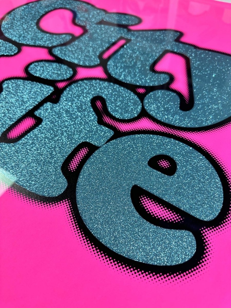 2-colour screenprint, neon pink and turquoise glitter, bold 'City Life' typography in black frame