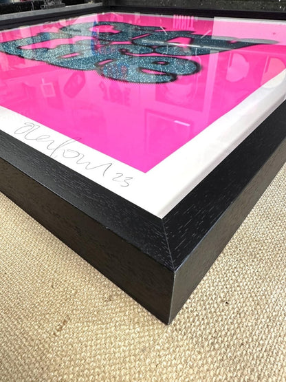 2-colour screenprint, neon pink and turquoise glitter, bold 'City Life' typography in black frame