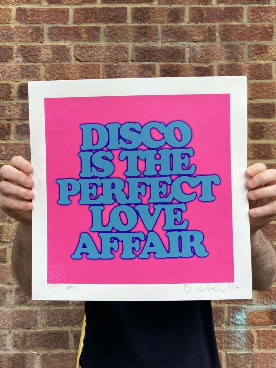 3-colour screenprint, yellow and cyan blue, bold retro disco typography, edition of 60, white paper