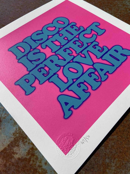 3-colour screenprint, yellow and cyan blue, bold retro disco typography, edition of 60, white paper